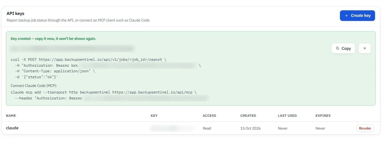 BackupSentinel Settings, API Keys and MCP setup card, with a newly created key and the commands to use it