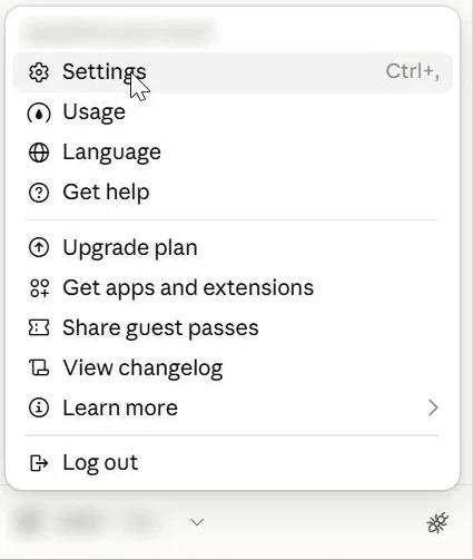 Claude account menu with Settings highlighted