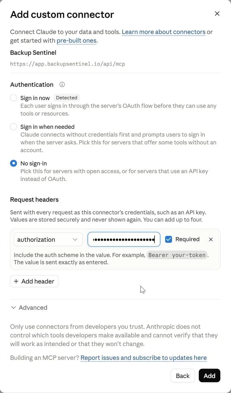 Authentication set to No sign-in, with an authorization request header holding the key