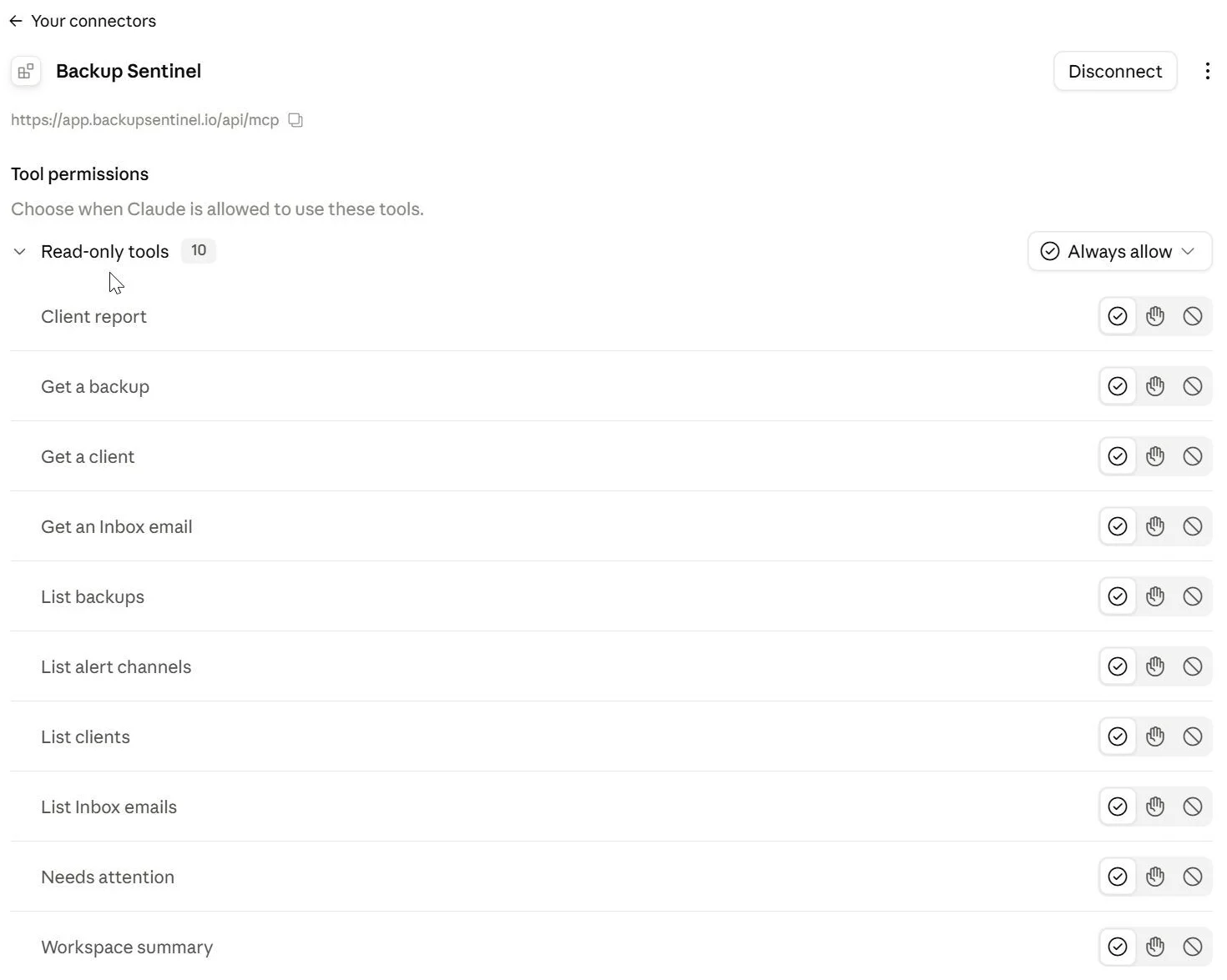 BackupSentinel connector page in Claude listing ten read-only tools