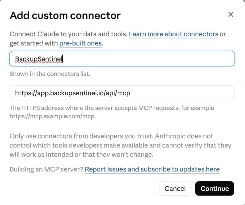 Add custom connector dialog with the name BackupSentinel and the server address filled in