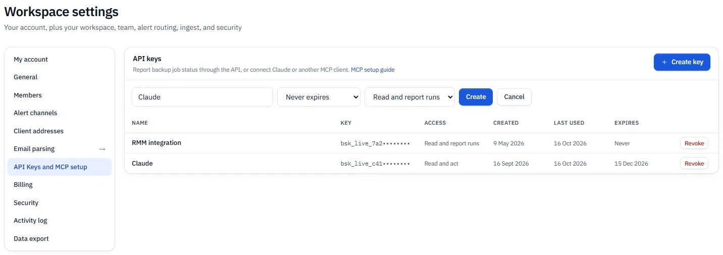 BackupSentinel Workspace settings, API keys, with the new key form: name, expiry and access, and two keys, one Read and report runs and one Read and act