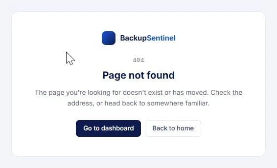 BackupSentinel Page not found screen