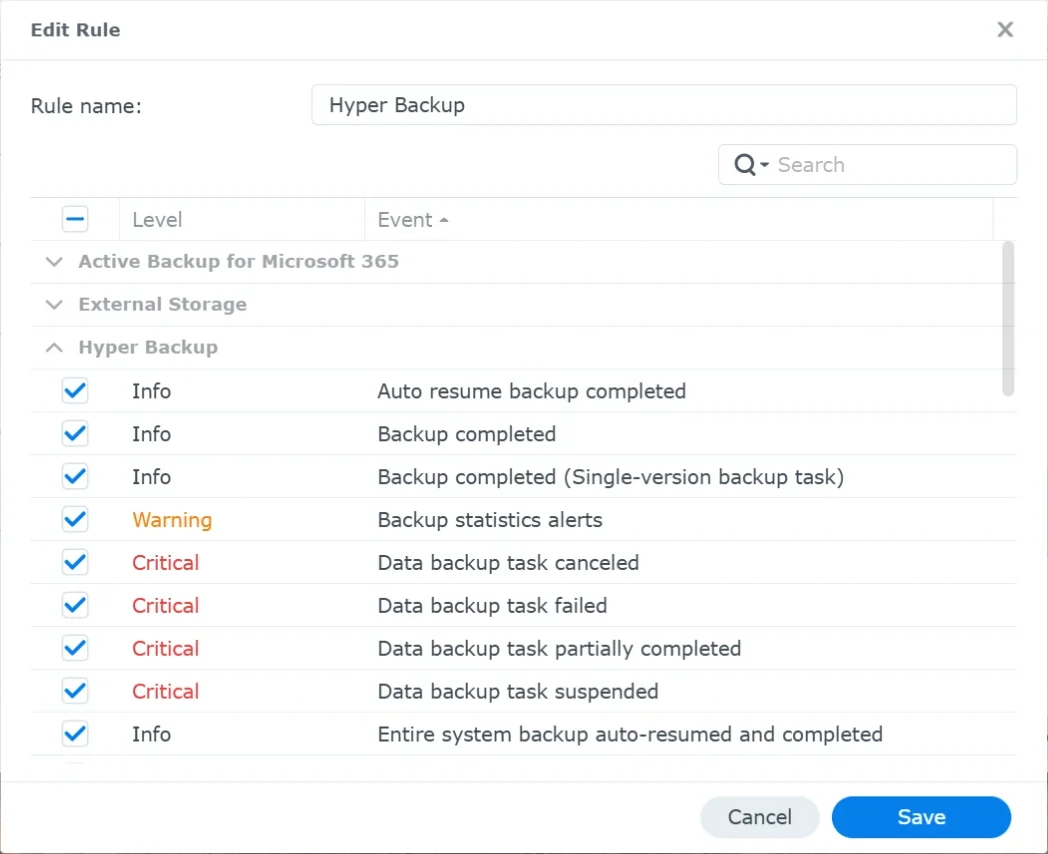DSM Edit Rule dialog with the Hyper Backup backup events ticked